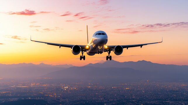 Colorful twilight skies welcome landing plane over vibrant city skyline
