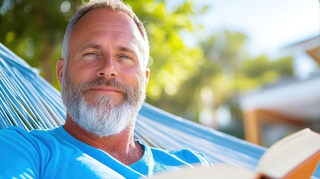 Mature man enjoys a captivating book while relaxing in a backyard hammock