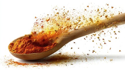 Spices flying from wooden spoon against a clean white background and long shadow