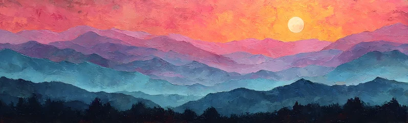  Painting of a mountain landscape with a sunset in the background © john