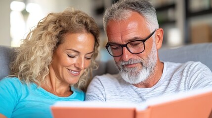 Happy couple reminiscing as they explore their cherished memories together