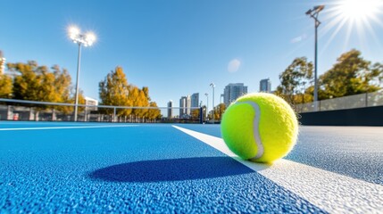 Brightly lit tennis court under clear blue sky in vibrant stadium setting