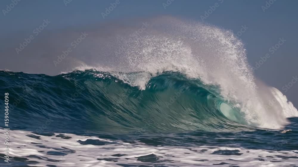 Poster dynamic video concept of a powerful ocean wave captured from a low angle, showcasing the force and b