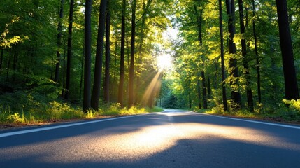 Sunbeams breaking through verdant trees along a winding road in summer