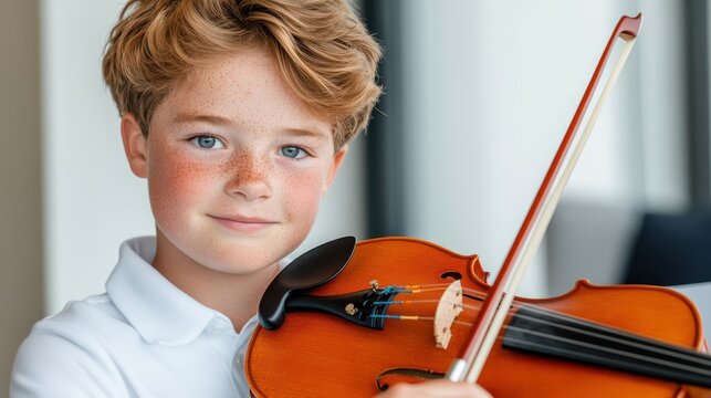 Freckled boy embraces harmony with his violin in a bright studio