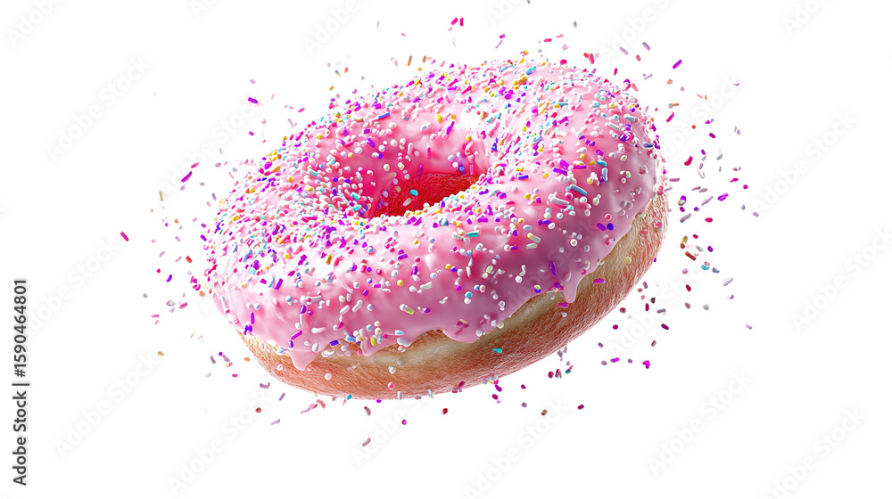 Poster flying frosted sprinkled donuts. set of multicolored doughnuts with sprinkles isolate on color backg
