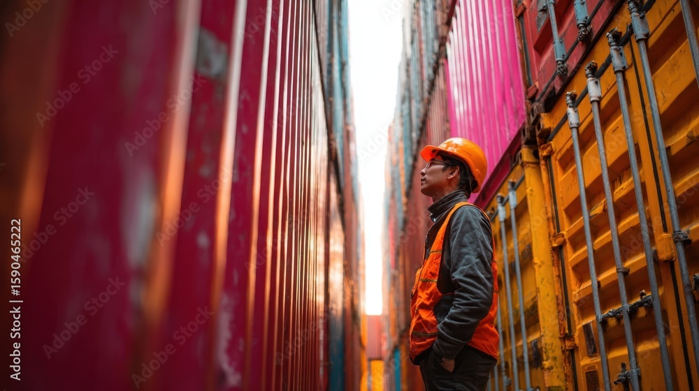 Poster a closeup of a person inspecting a shipping container amid others in a yard reflecting the attention