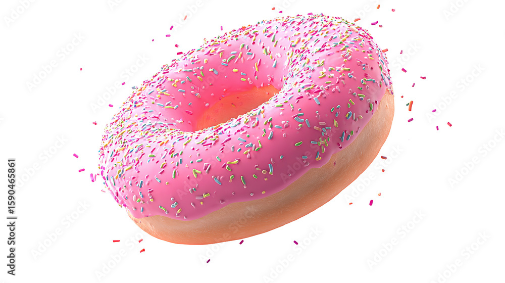 Poster flying frosted sprinkled donuts. set of multicolored doughnuts with sprinkles isolate on color backg
