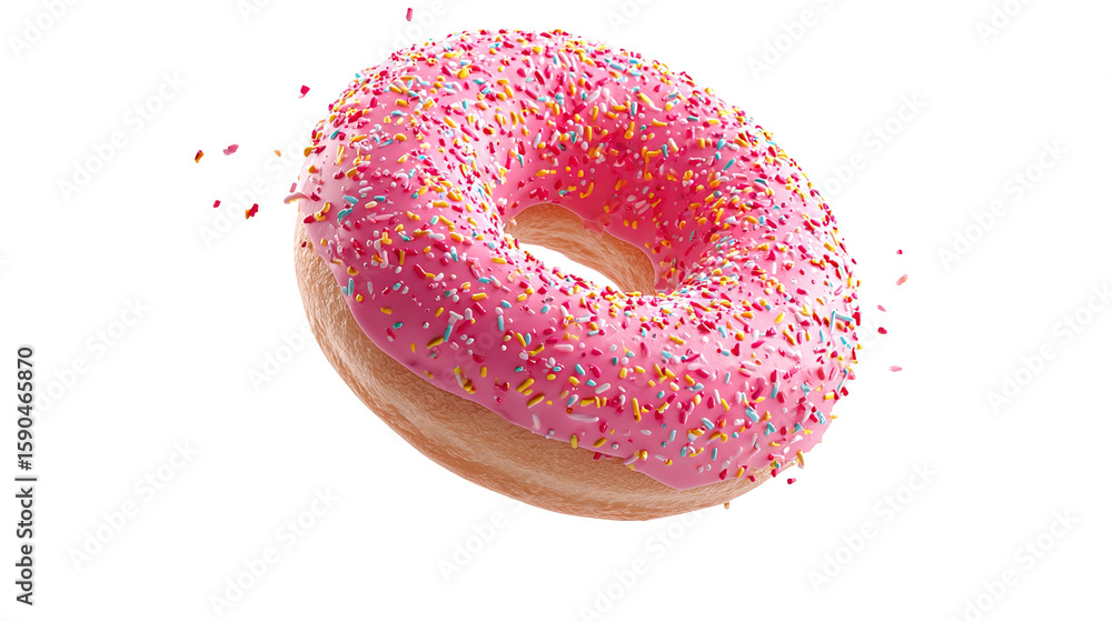 Poster flying frosted sprinkled donuts. set of multicolored doughnuts with sprinkles isolate on color backg