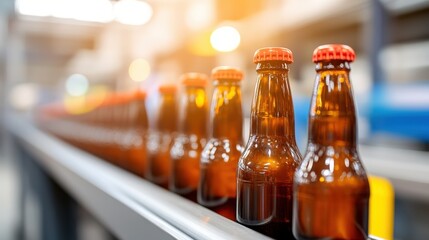 Bottles gliding along a conveyor belt in an industrial brewery setting