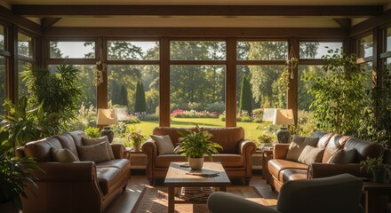Fototapeta premium Cozy plantfilled living room accented by sunlit leather furniture and wide windows revealing a tranquil garden scene.