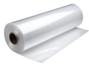 Angled Side View of Clear Plastic Sheeting Roll Partially Unrolled, Isolated