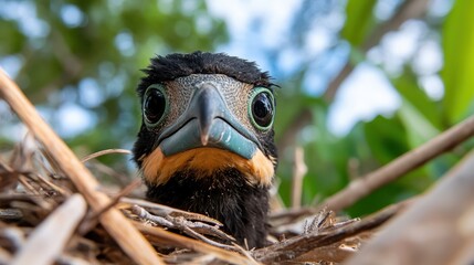 Young great frigatebird gazes from its nest amid lush greenery