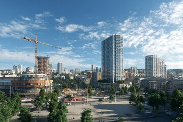 Obraz premium A modern city with tall buildings under construction, cranes, and heavy machinery in the background, a blue sky with white clouds, a large empty square near a high-rise building, and trees around the 
