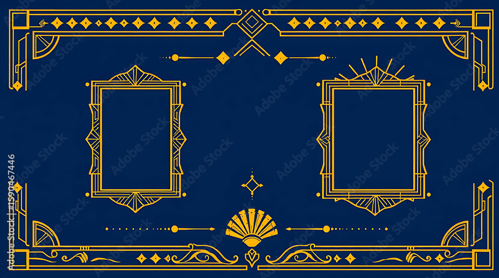 Poster golden art deco frames and design elements arranged in a symmetrical pattern on a blue background