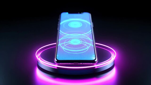 A high-tech mobile concept showcasing a sleek smartphone with a vibrant neon glow, positioned on a futuristic circular platform This realistic 3D mockup is isolated against a deep black 4K