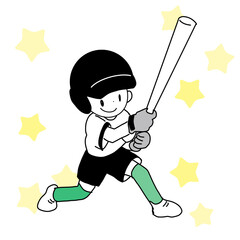 Baseball boy with sparkling star background holding a bat &ndash; flat design