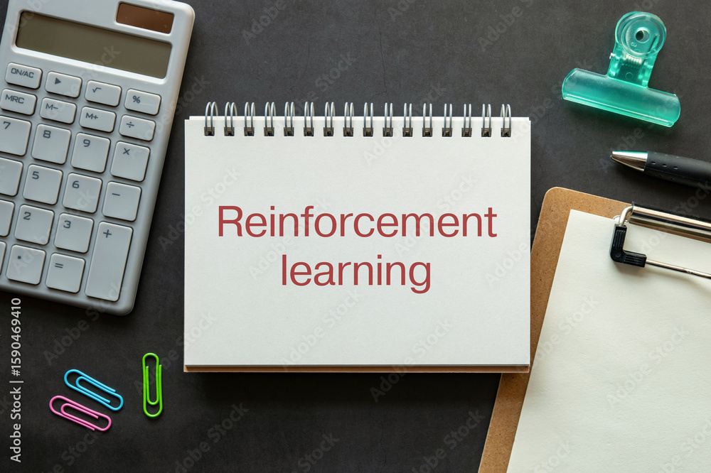 Poster reinforcement learning notebook image for technology and business. ideal for blog articles on ai, ma