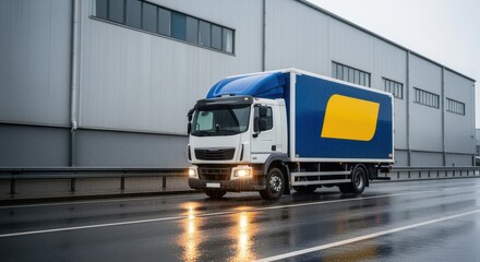 Fototapeta premium Commercial truck delivering goods along wet road in front of urban storage building.