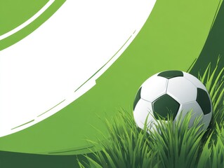 A soccer ball rests in vibrant green grass against a stylized white and green background, suggesting a sports-themed design or advertisement