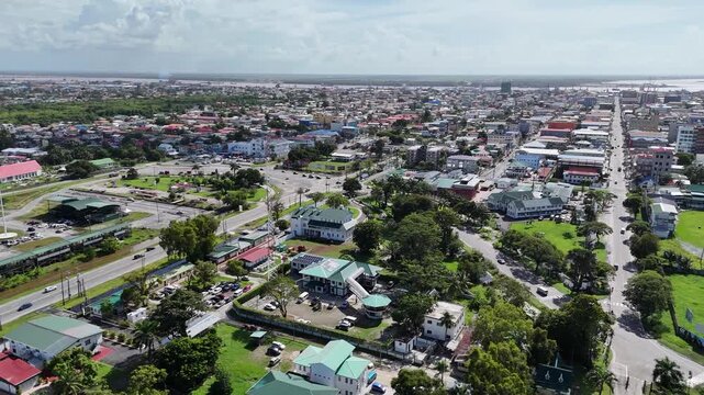 Drone shot with slow pan, overlooking lots of landmarks in Georgetown Guyana- 4K 60fps