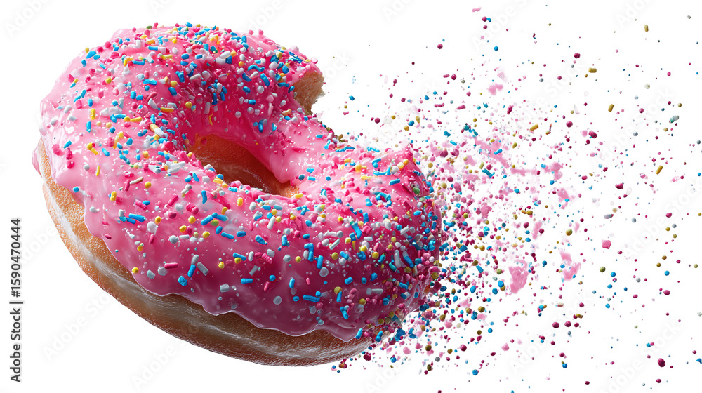 Poster flying frosted sprinkled donuts. set of multicolored doughnuts with sprinkles isolate on color backg