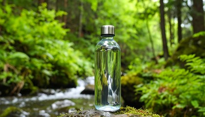 Clear water bottle in a lush forest