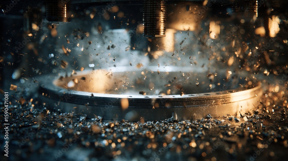 Poster metallic shards and dust particles swirl around a tungsten turbine disk as it's lowered into a cooli