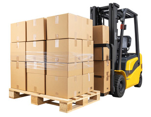 Angled Side View of Pallet with Plastic-Wrapped Boxes in Busy Distribution Warehouse, Isolated