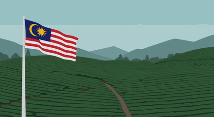 A view of the Malaysian flag flying over a vast, lush green tea plantation.