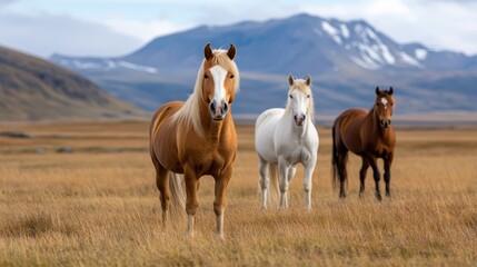 Fototapeta premium Courtship dances of Icelandic horses against majestic mountain backdrop