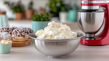 Whipping cream in a metal bowl with a red mixer for homemade pastries