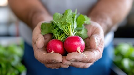 Senior farmer proudly showcases freshly harvested radishes during summer