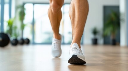 Naklejka premium Male bodybuilder strengthens muscles with barbell in bright gym space