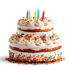 Two tier birthday cake with colorful sprinkles and lit candles