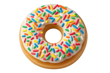 Tasty donut with white icing and colorful sprinkles isolated on transparent background, perfect for food and dessert projects