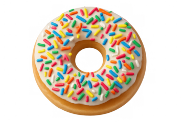 Tasty donut with white icing and colorful sprinkles isolated on transparent background, perfect for food and dessert projects