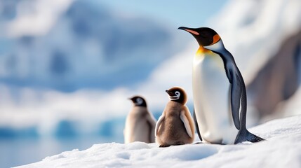 Emperor penguin adults and chick basking on a snowy hill in Antarctica