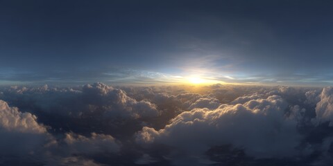 Panoramic 360 degrees hdr sunrise over clouds aerial view nature's serenity