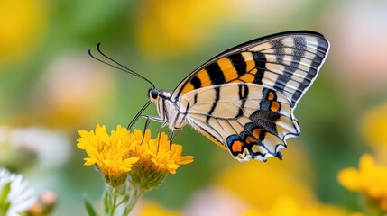 Obraz premium Scarce swallowtail butterfly gracefully visits vibrant wildflower in bloom
