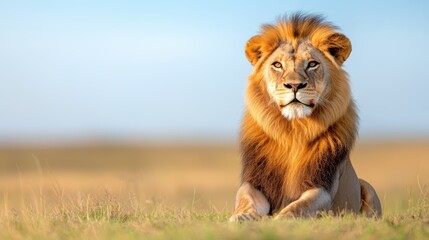 Majestic male lion resting in the golden grasslands of Masai Mara