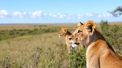 Majestic lion cubs observe the vast savanna of Masai Mara in Kenya