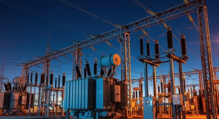 Electrical substation distributing electricity with transformers and high voltage power lines at twilight, ensuring a reliable energy supply