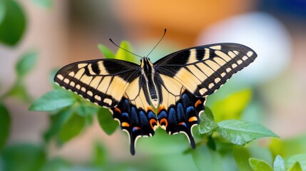 Naklejka premium Gentle yellow butterfly rests gracefully on a vibrant green plant