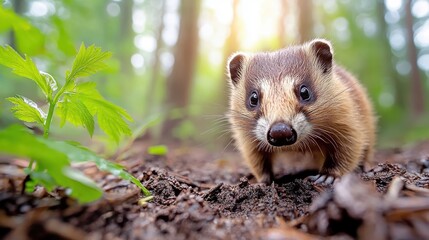 Fototapeta premium Curious badger exploring its woodland habitat on a rainy day in Germany