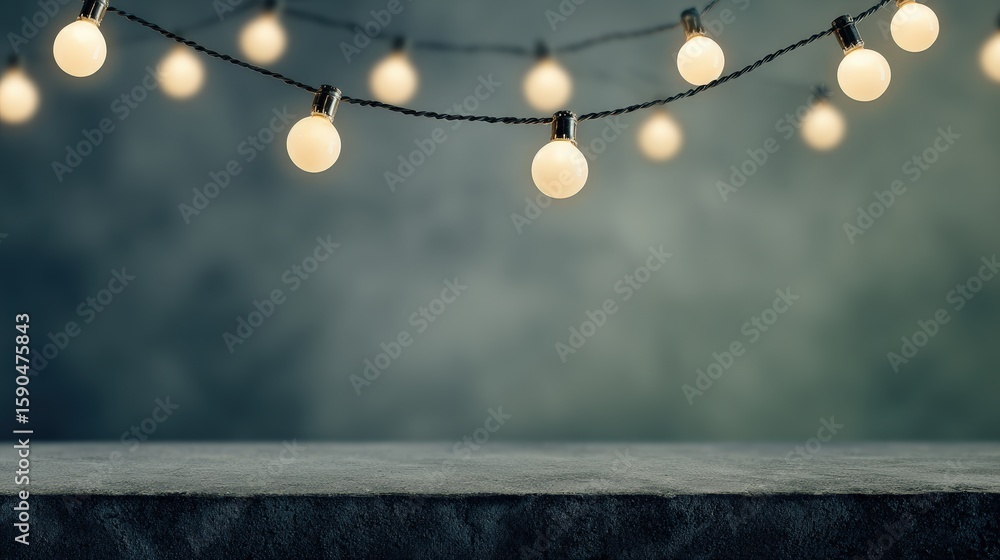 Poster a string of warm glowing light bulbs hangs above a dark textured surface, creating a cozy and ambien