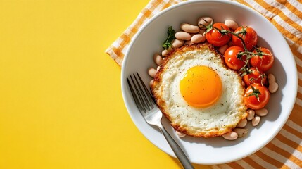 Enjoying a colorful breakfast of sunny-side-up egg and roasted tomatoes