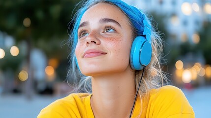 Young woman with blue hair and headphones gazes thoughtfully in urban setting