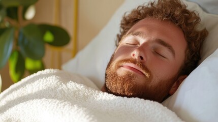 Young man enjoying deep sleep on soft bed in cozy bedroom setting