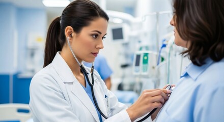 Female Doctor Using Stethoscope to Examine Patient in Modern Hospital Setting During a Routine Medical Check-up for Healthcare and Wellness